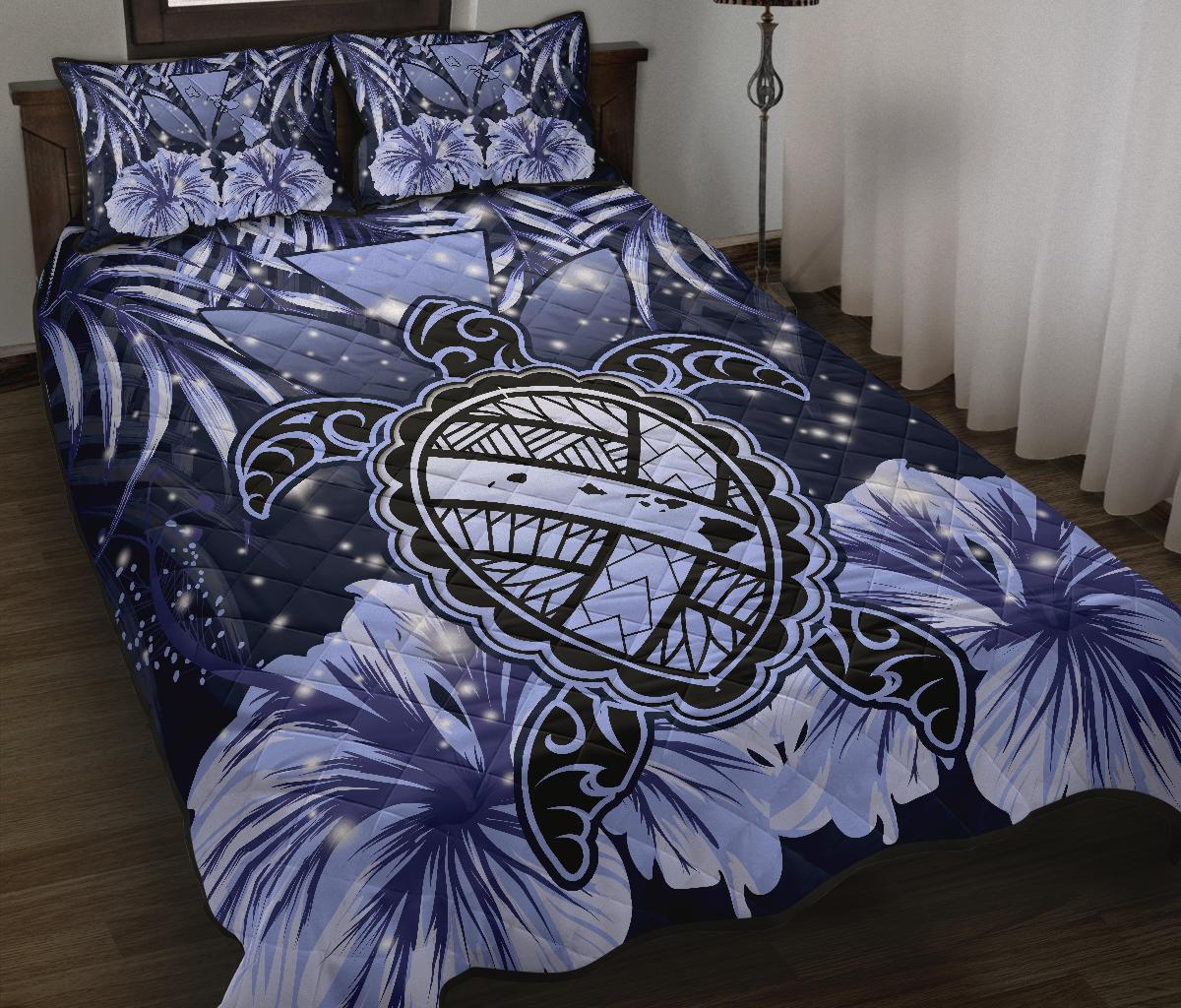 Hawaii Turtle Hibiscus Blue Quilt Bed Set - Hac Style - AH - Polynesian Pride
