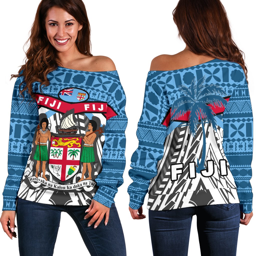 Fiji Rugby Off Shoulder Sweater Tapa Cloth White - Polynesian Pride