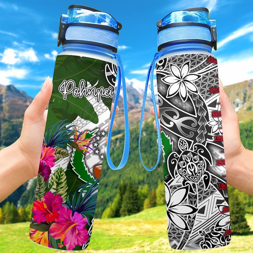 Pohnpei Hydro Tracking Bottle White - Turtle Plumeria Banana Leaf Hydro Tracking Bottle 32oz Large White - Polynesian Pride