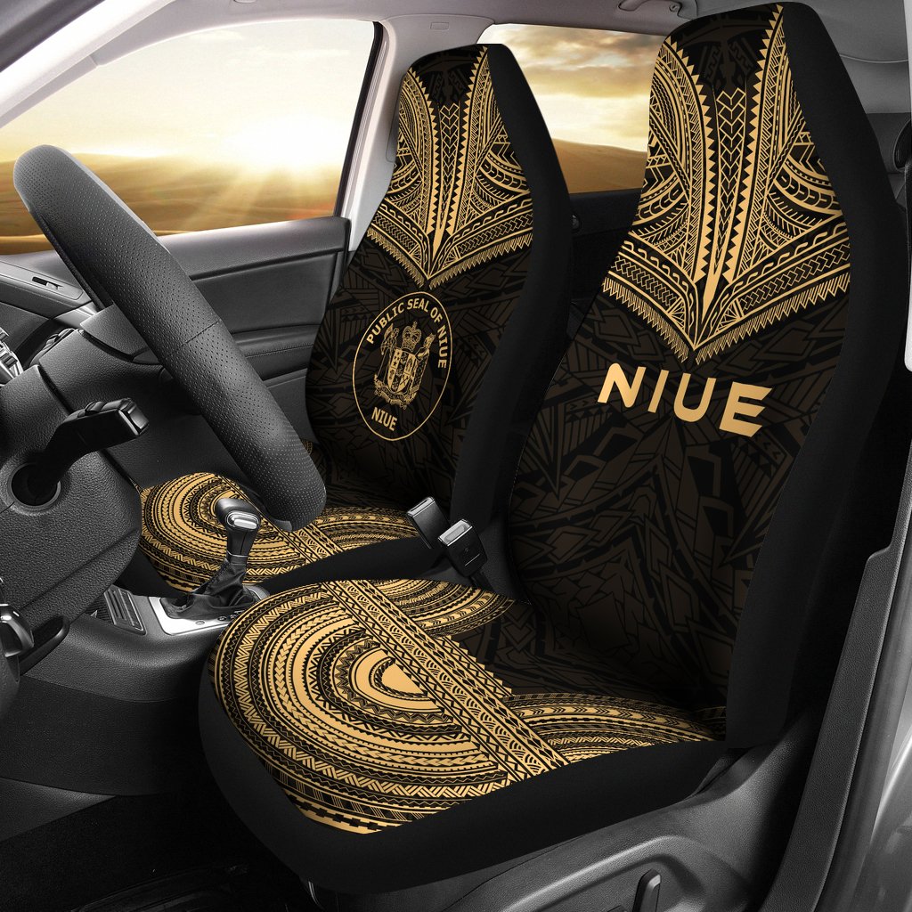 Niue Car Seat Cover - Niue Seal Polynesian Chief Tattoo Gold Version Universal Fit Gold - Polynesian Pride