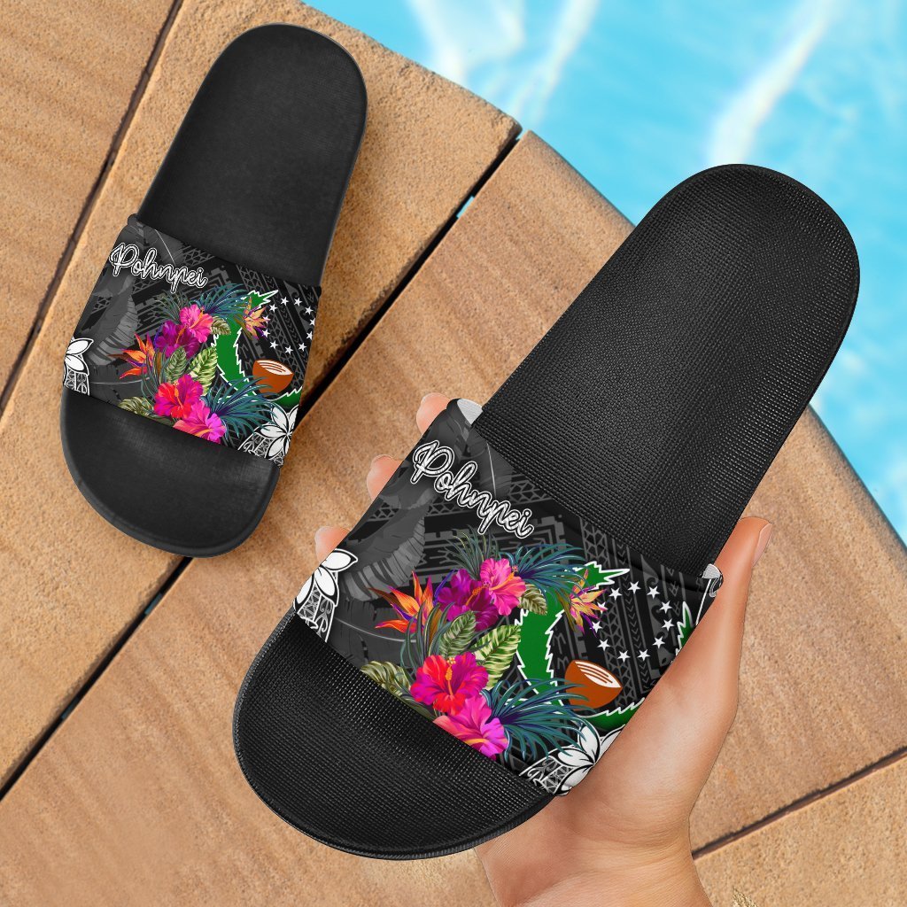 Pohnpei Micronesian Slide Sandals - Turtle Floral Black - Polynesian Pride