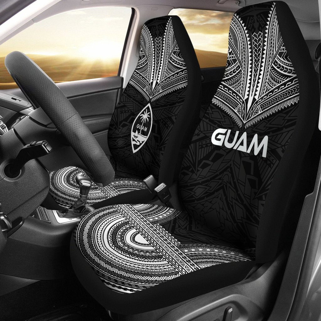 Guam Car Seat Cover - Guam Coat Of Arms Polynesian Chief Tattoo Black Version Universal Fit Black - Polynesian Pride
