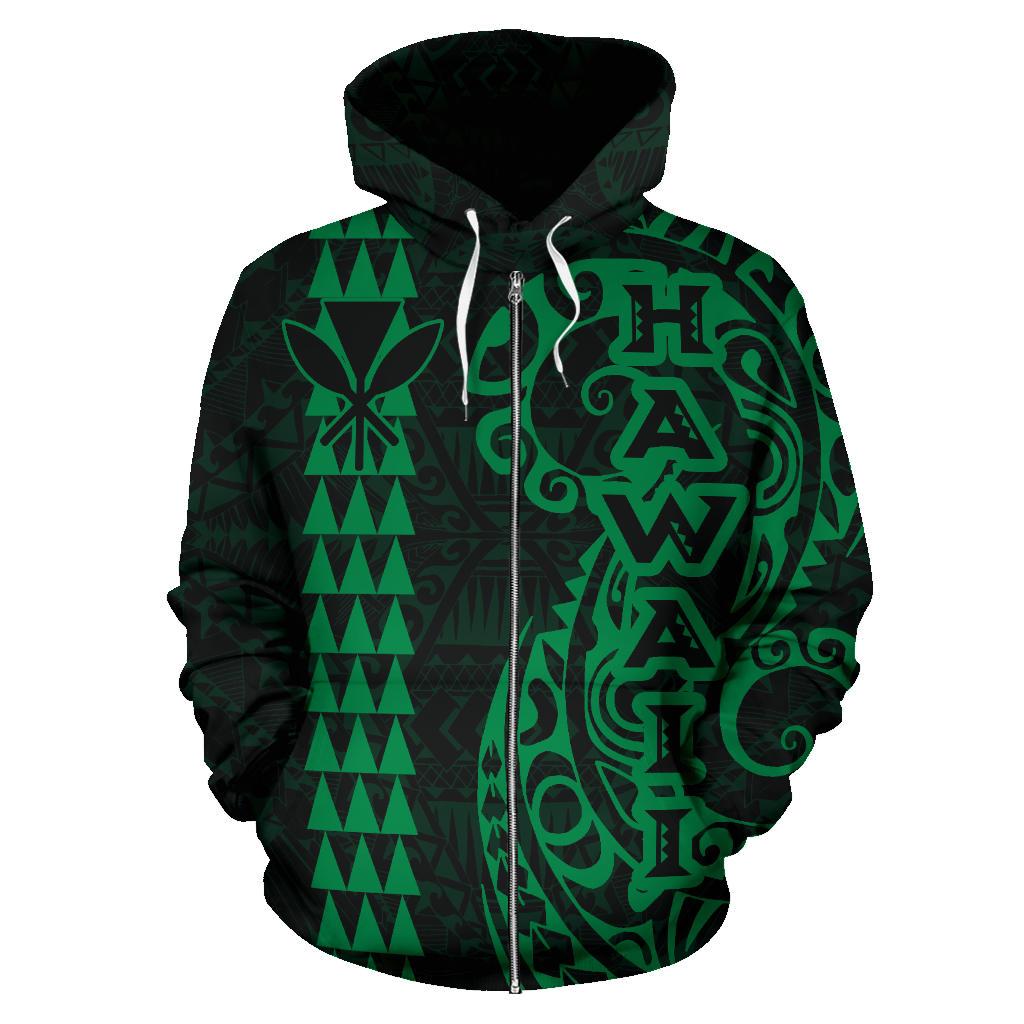 Hawaii Tattoo Zip up Hoodie Green - Polynesian Pride