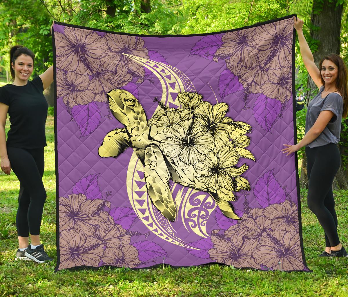 Hawaii Polynesian Turtle Hibiscus Premium Quilt - Yellow Yellow - Polynesian Pride