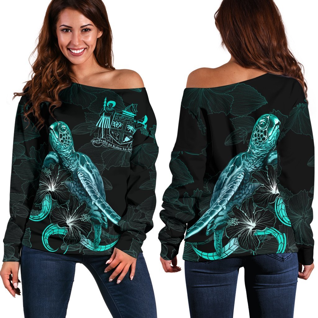 Fiji Polynesian Women's Off Shoulder Sweater - Turtle With Blooming Hibiscus Turquoise Turquoise - Polynesian Pride