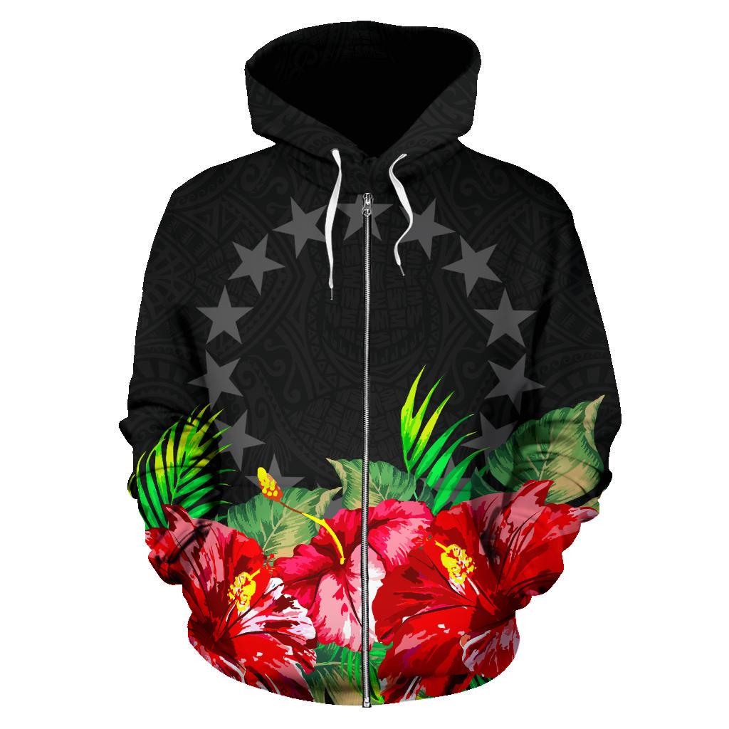 Cook Islands Polynesian Zip Hoodie Black Hibiscus - Polynesian Pride