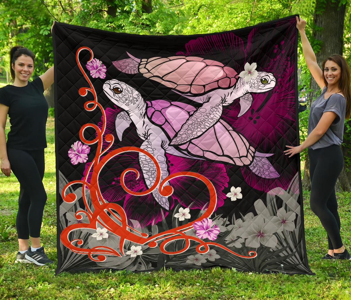 Hawaii Turtle Couple Valentine's Hibiscus Plumeria Premium Quilt - Valentine Style - AH Black - Polynesian Pride