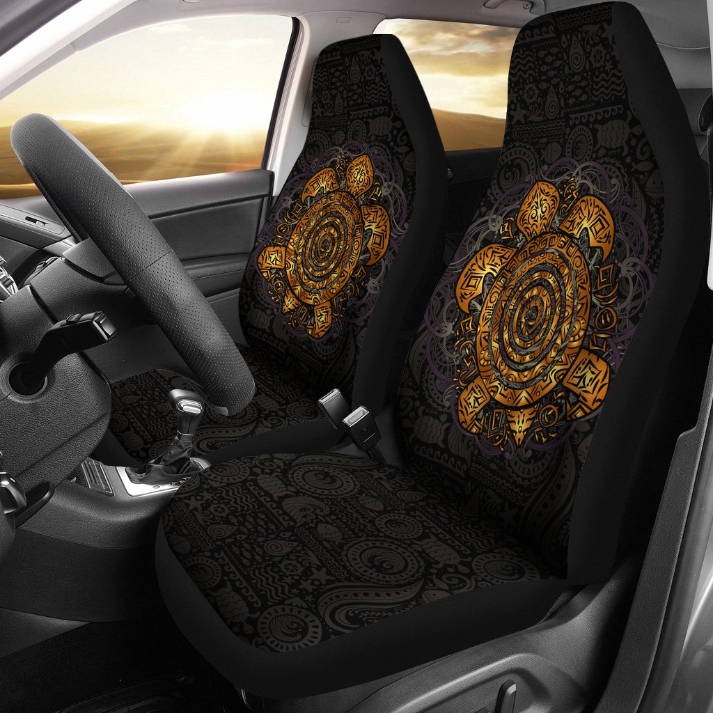Polynesian Car Seat Cover - Gold Sea Turtle Maori Style Universal Fit Black - Polynesian Pride