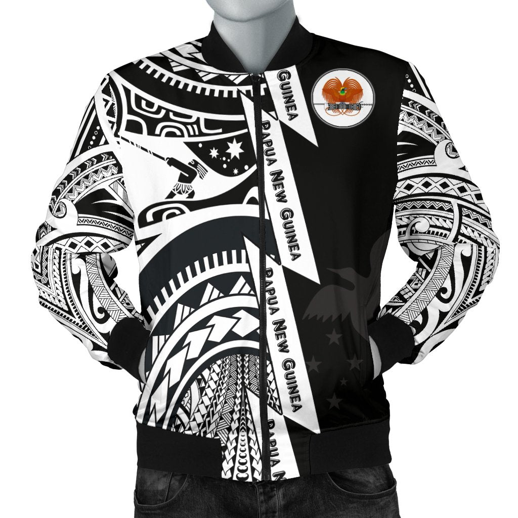 Polynesian Guinea Men's Bomber Jacket - Moana Maui Tattoo With Coat Of Arm Guinea White - Polynesian Pride