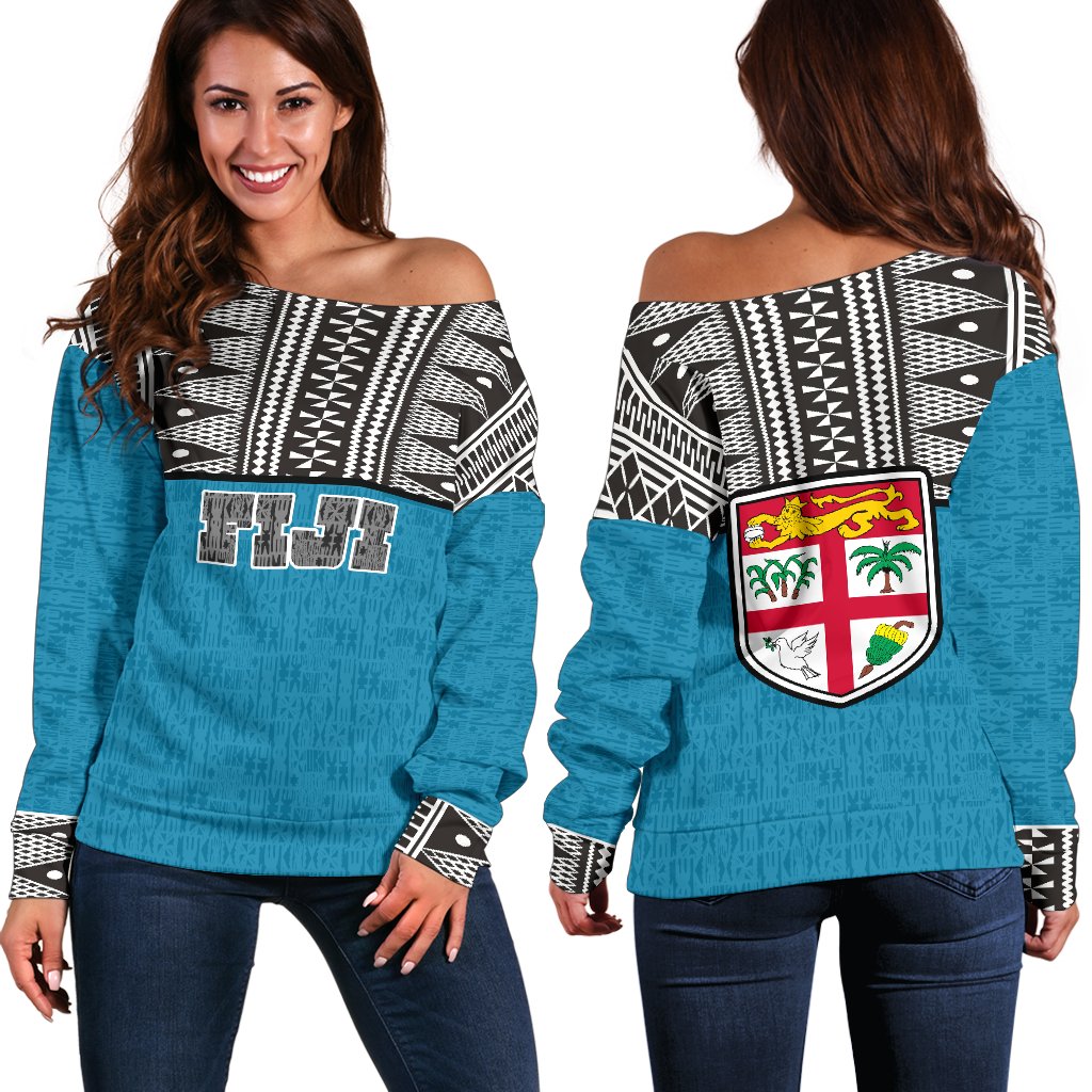 Fiji Women's Off Shoulder Sweater - Polynesian Design Black - Polynesian Pride
