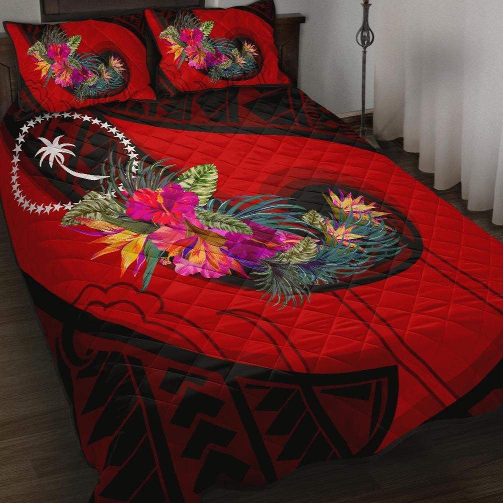 Chuuk Quilt Bed Set - Polynesian Hook And Hibiscus (Red) Red - Polynesian Pride