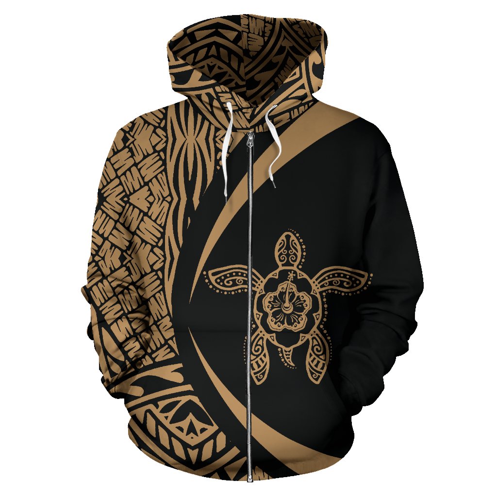 Hawaii Turtle Polynesian Zip up Hoodie Circle Style Golden Color - Polynesian Pride