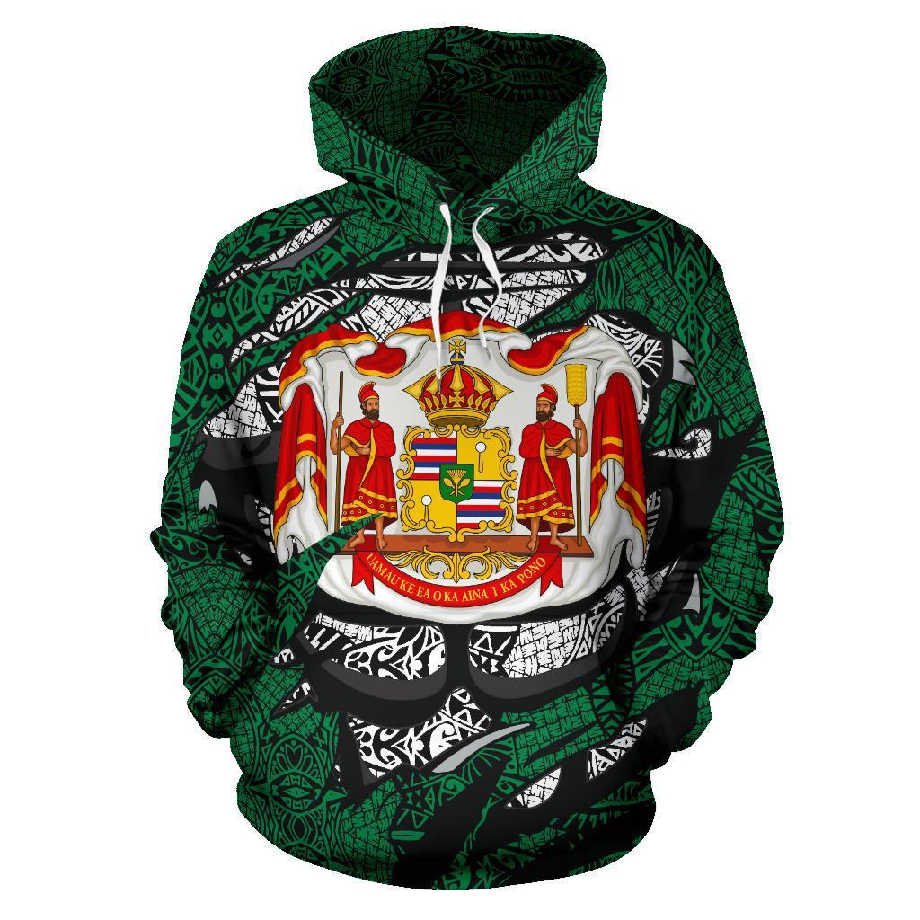 Polynesian Royal Coat of Arms Kanaka Map Hawaii Custom Hoodie Green - Polynesian Pride