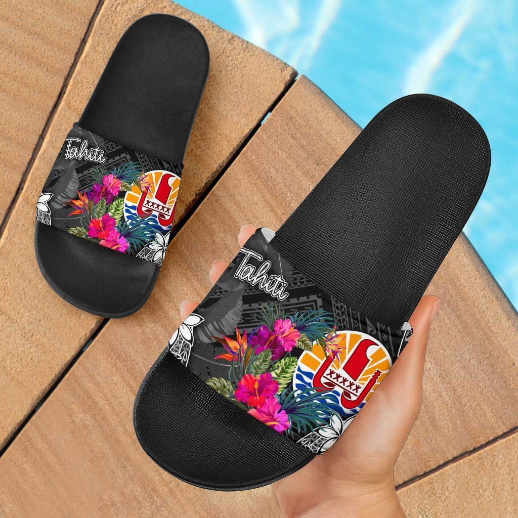 Tahiti Slide Sandals - Turtle Floral Black - Polynesian Pride