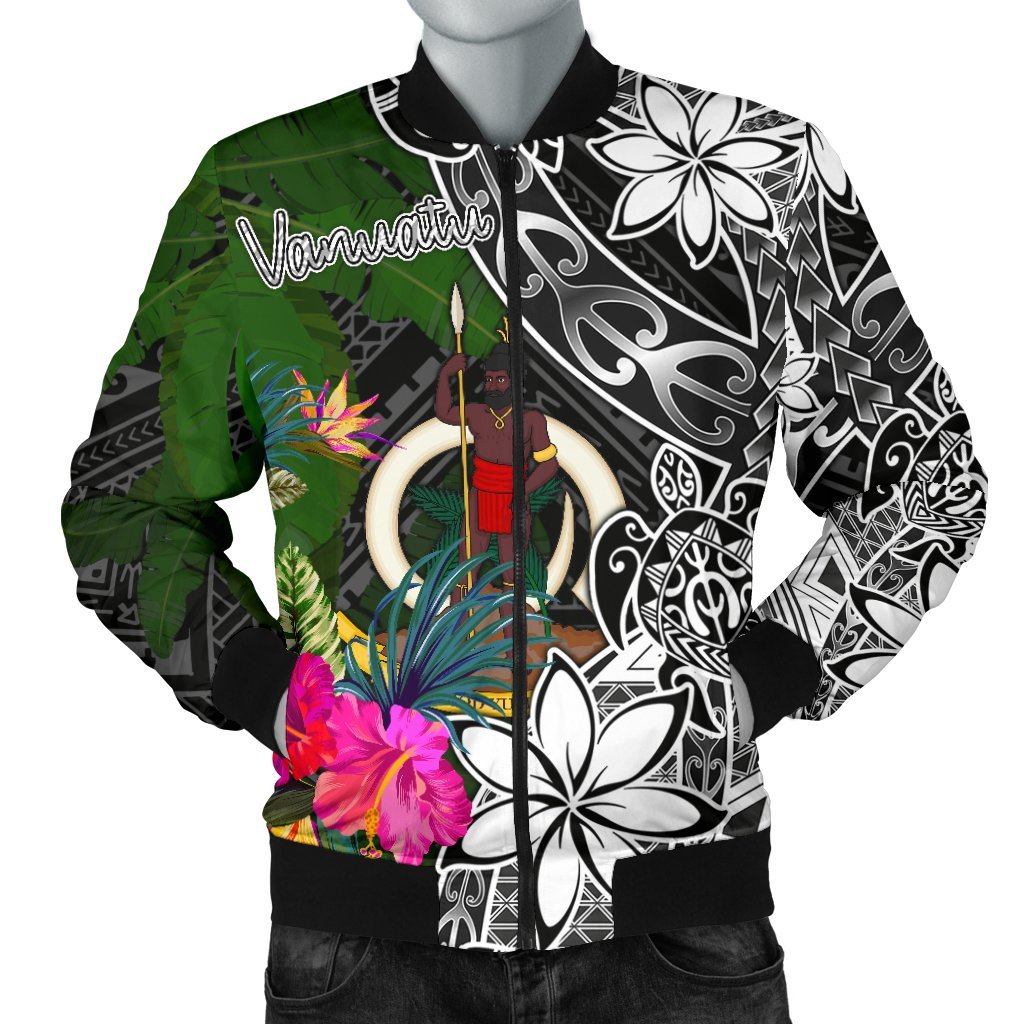 Vanuatu Men Bomber Jacket - Turtle Plumeria Banana Leaf Black - Polynesian Pride