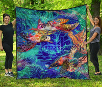 Tahiti Polynesian Premium Quilt - Tahiti Flag Sea Turtle Coral Treasure - Polynesian Pride