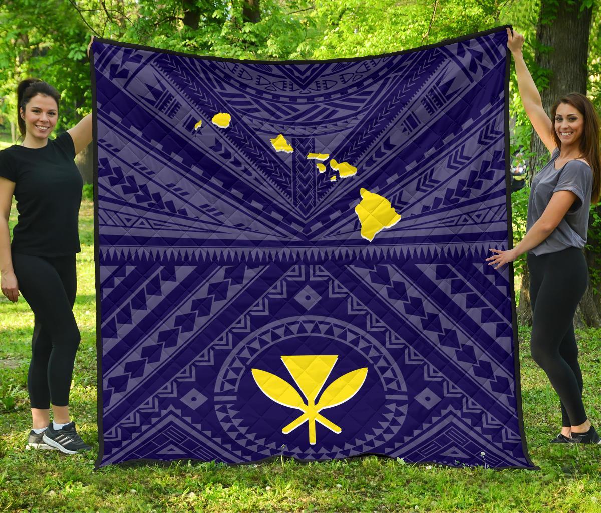 Hawaii Premium Quilt - Hawaii Kanaka Maoli And Map ( Blue) - Polynesian Pride