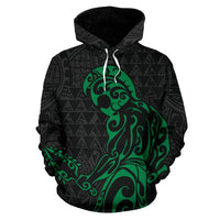 Polynesian Kakau Helmet Weapon Green Kanaka Warrior Hoodie - Polynesian Pride