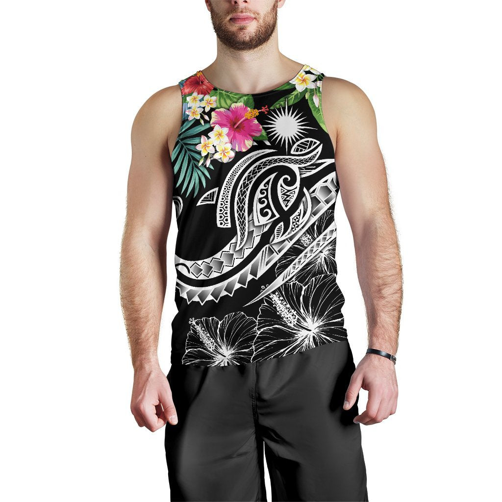 Marshall Islands Polynesian Men's Tank Top - Summer Plumeria (Black) - Polynesian Pride