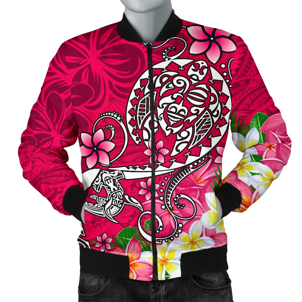Polynesian Men's Bomber Jacket - Turtle Plumeria Pink Color Pink - Polynesian Pride