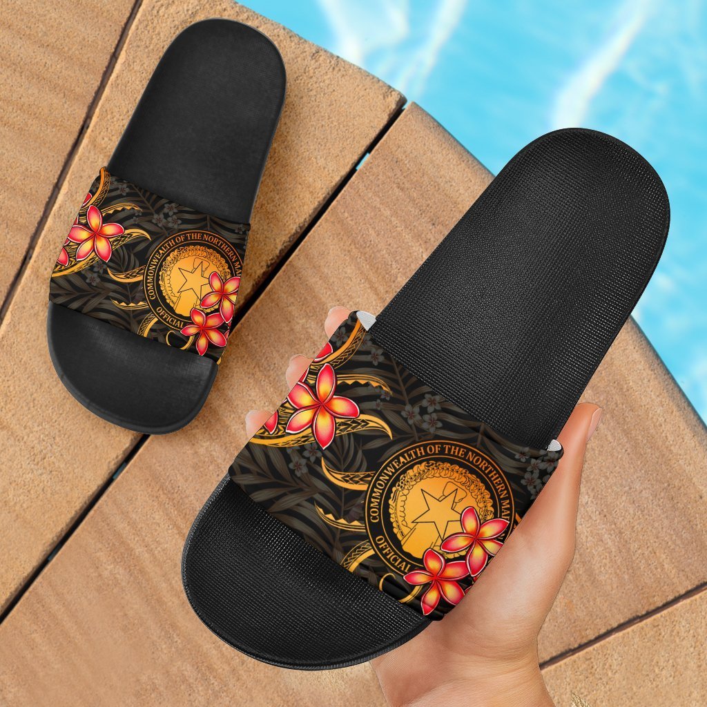 CNMI Slide Sandals - Gold Plumeria Black - Polynesian Pride