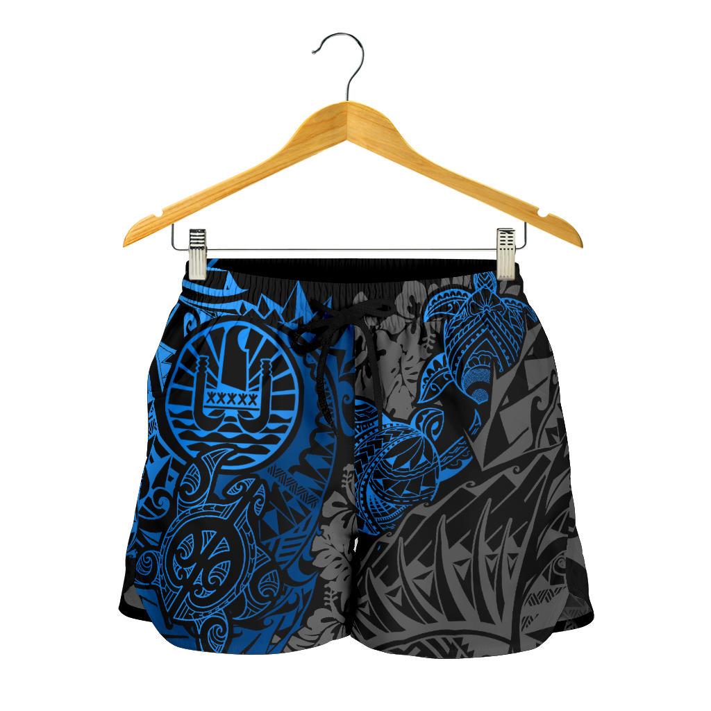 Tahiti Polynesian Women Shorts - Blue Turtle Hibiscus Flowing - Polynesian Pride