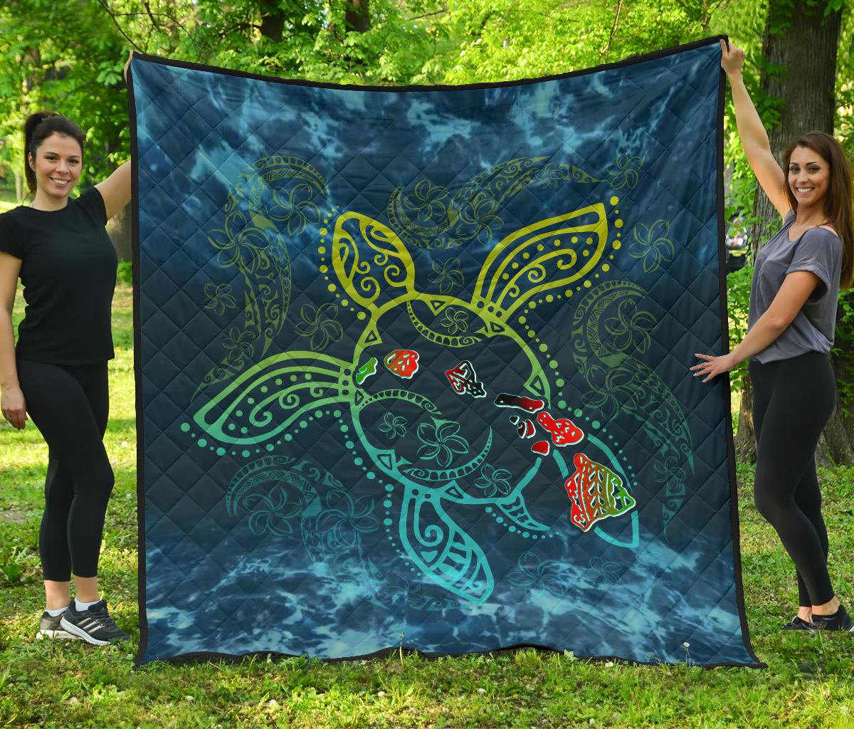 Hawaii Quilt - Hawaii Turtle Map Plumeria Blue - Polynesian Pride