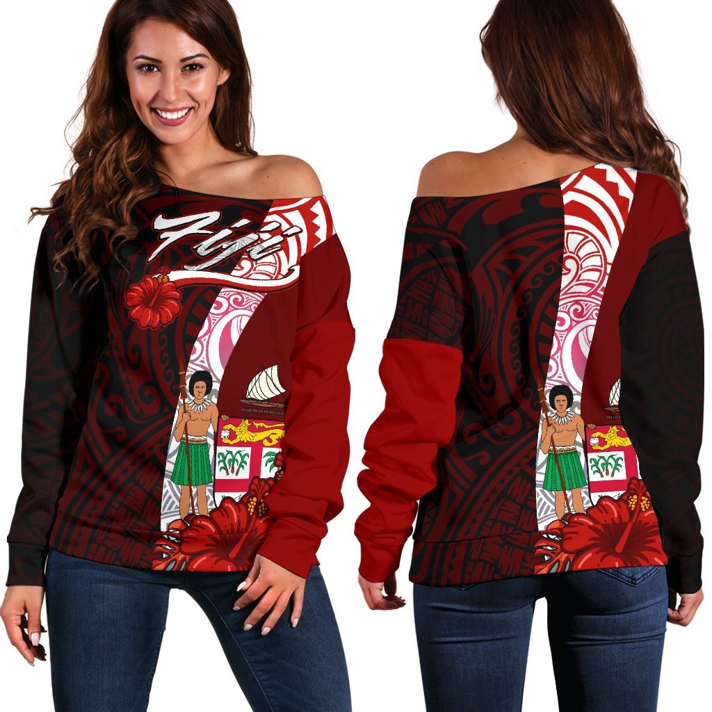 Fiji Polynesian Women's Off Shoulder Sweater - Coat Of Arm With Hibiscus Red - Polynesian Pride