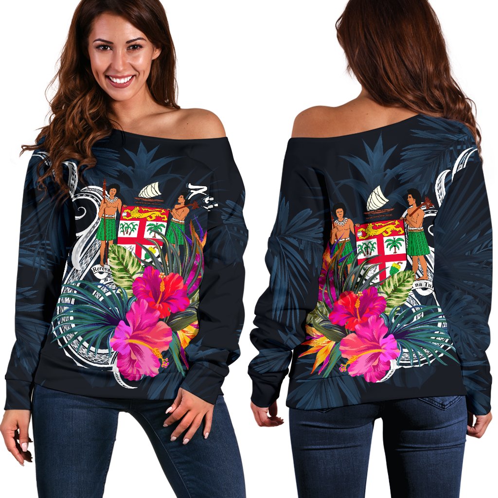 Fiji Polynesian Women's Off Shoulder Sweater - Tropical Flower Blue - Polynesian Pride