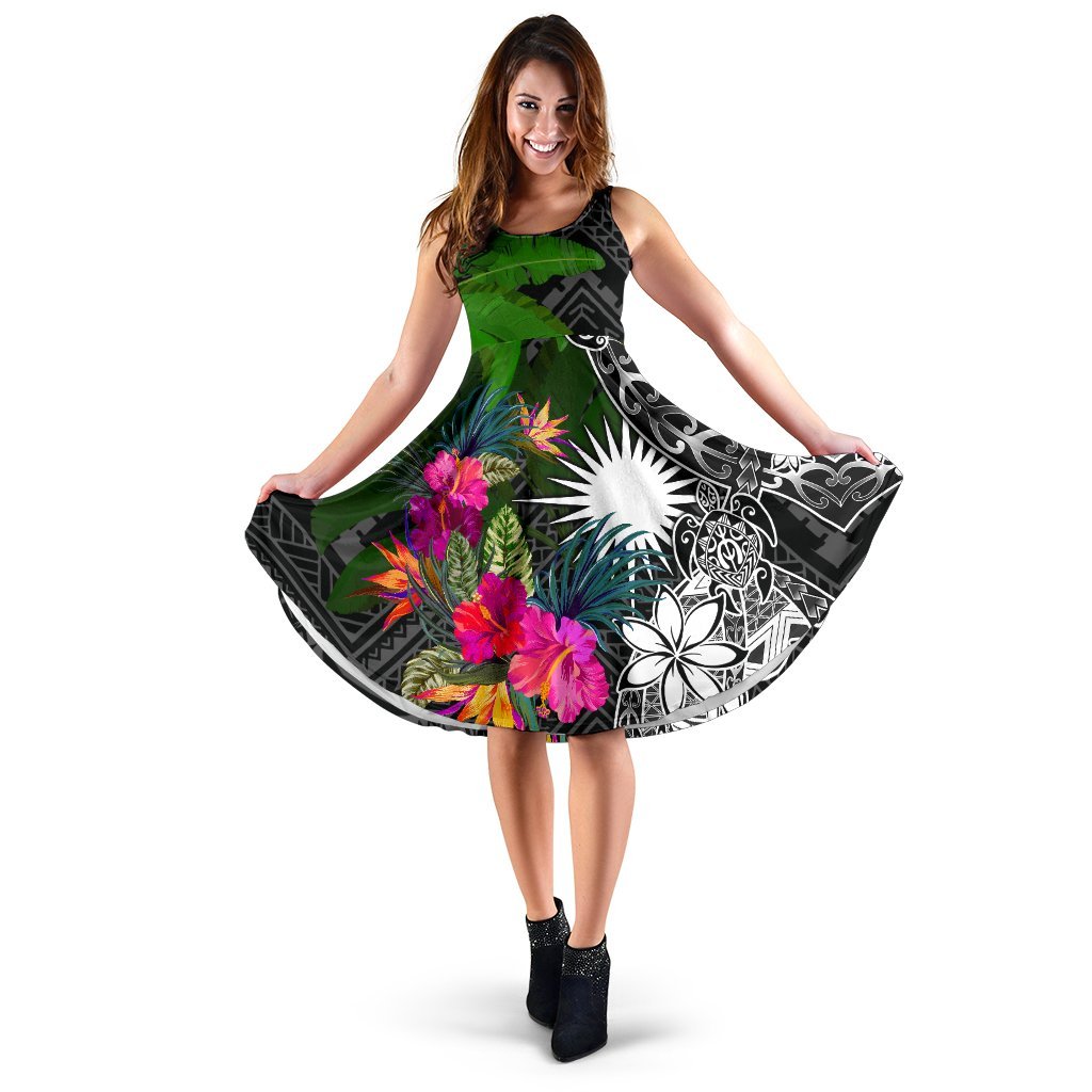 Marshall Islands Midi Dress - Turtle Plumeria Banana Leaf Women Black - Polynesian Pride