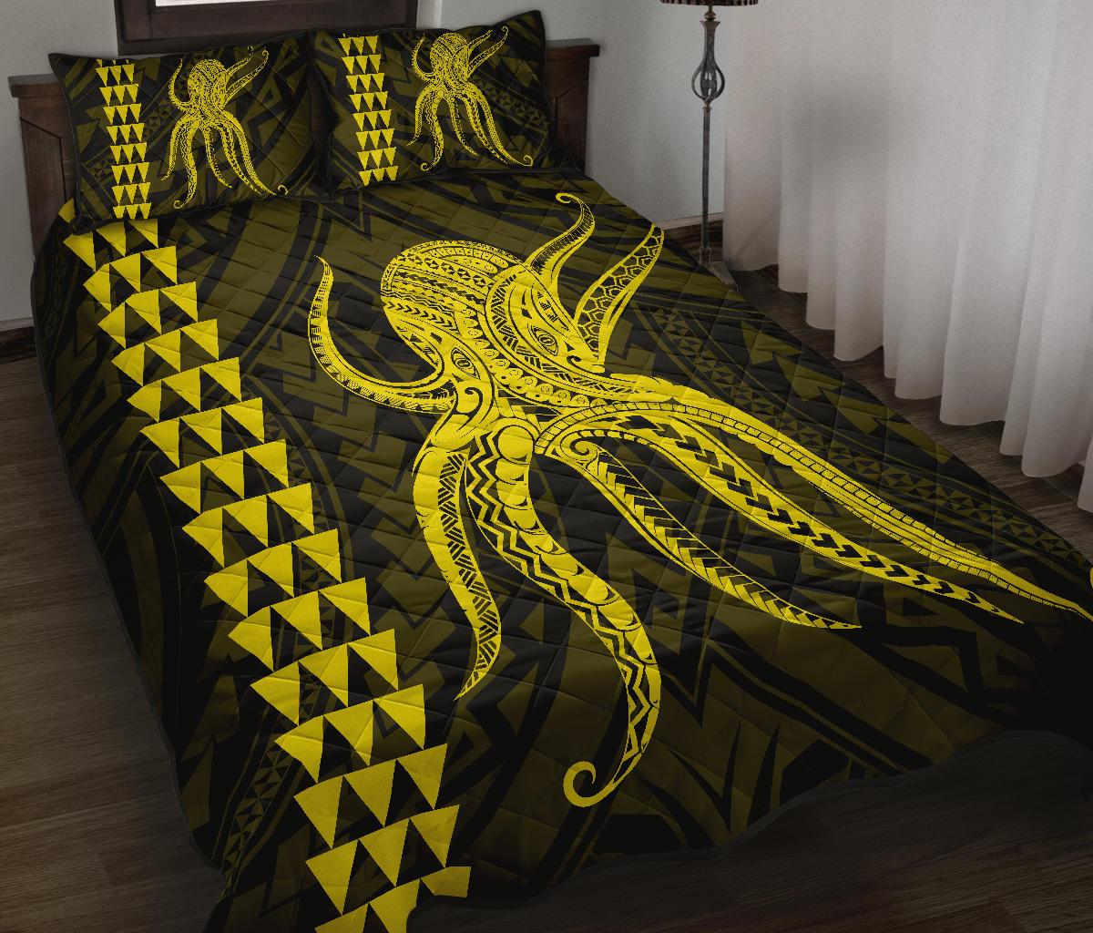 Hawaii Octopus KaKau Polynesian Quilt Bed Set - Yellow - Polynesian Pride