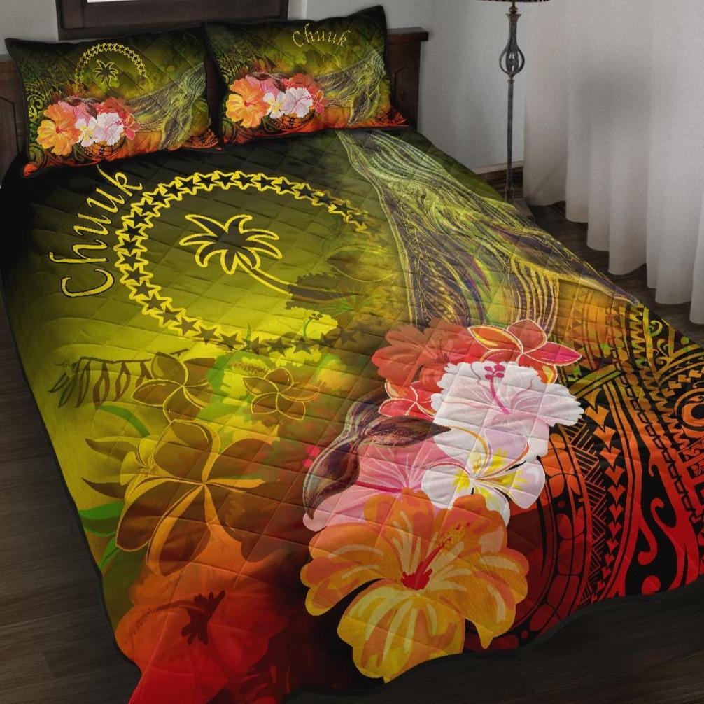 Chuuk Quilt Bed Set - Humpback Whale with Tropical Flowers (Yellow) Yellow - Polynesian Pride