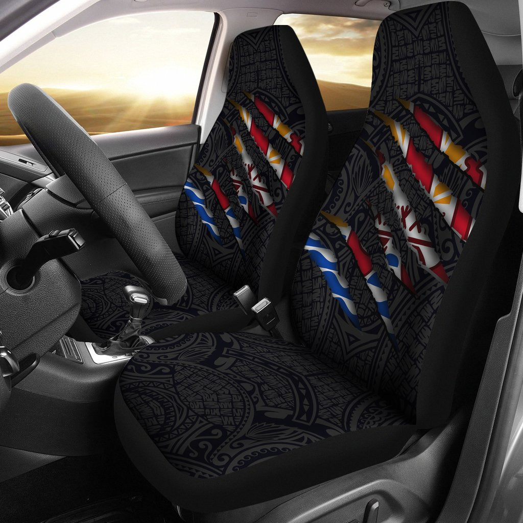 French Polynesia Car Seat Covers - French Polynesian Coat Of Arms Scratch Style Universal Fit Black - Polynesian Pride
