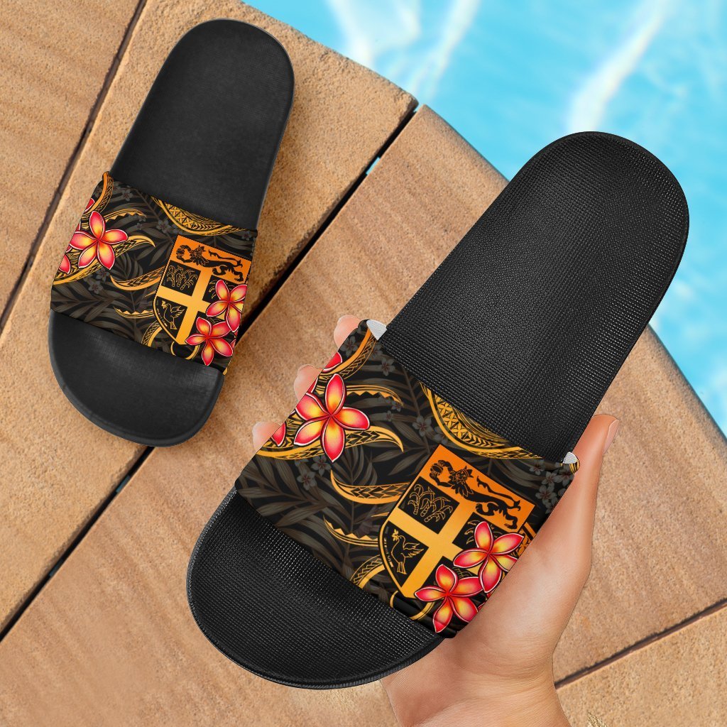 Fiji Slide Sandals - Gold Plumeria Black - Polynesian Pride