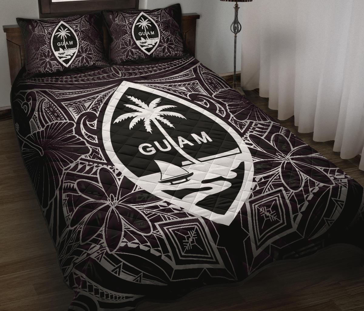 Guam Polynesian Quilt Bed Set - White Hibiscus Coat Of Arms Black - Polynesian Pride