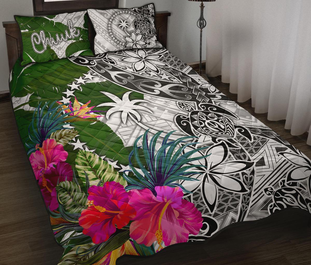 Chuuk Quilt Bed Set White - Turtle Plumeria Banana Leaf White - Polynesian Pride