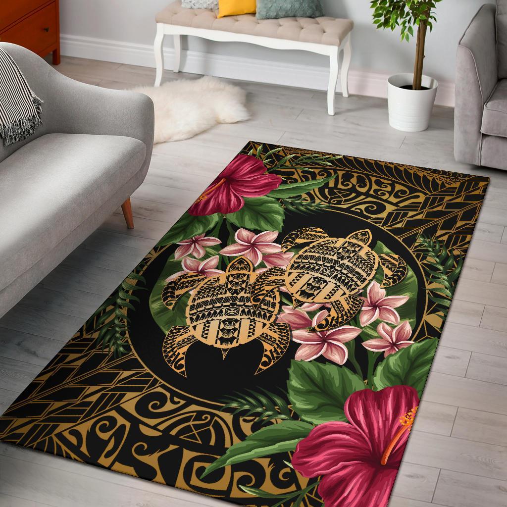 hawaii Rug - Turtle Strong Pattern Hibiscus Plumeria Art AH Black - Polynesian Pride