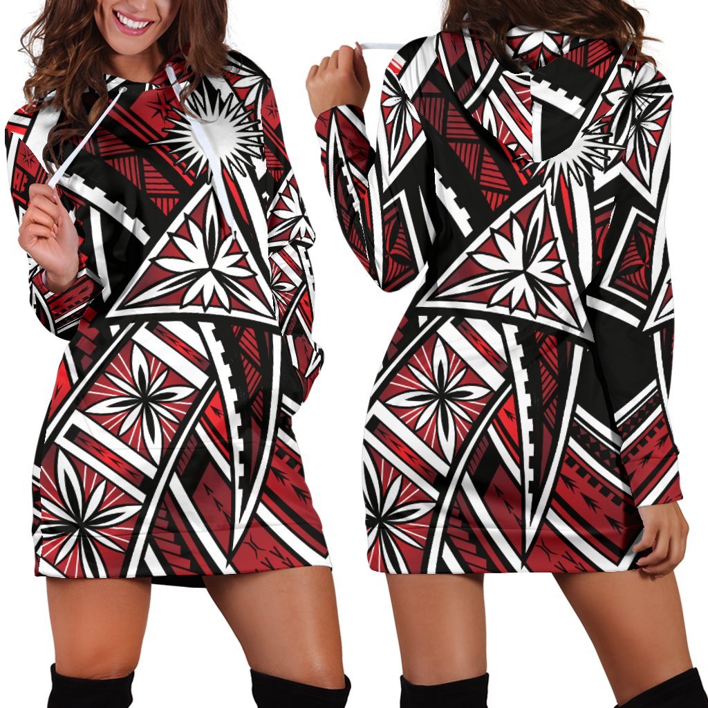 Marshall Islands Women's Hoodie Dress - Tribal Flower Special Pattern Red Color - Polynesian Pride