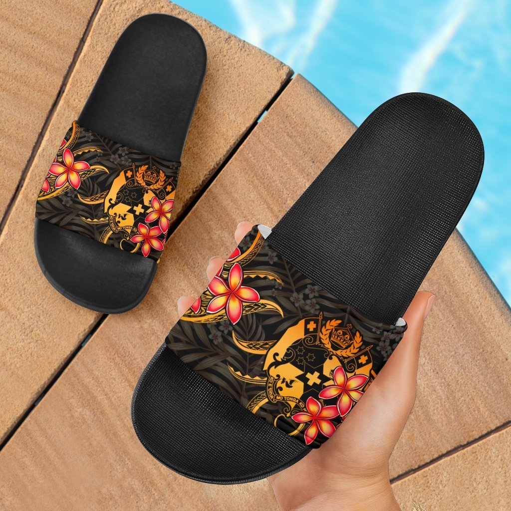 Tonga Slide Sandals - Gold Plumeria Black - Polynesian Pride