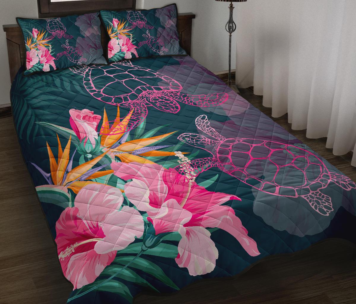 Hawaii Pink Turtles Hibiscus Tropical Quilt Bed Set - Vint Style - AH - Polynesian Pride