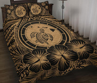 Hawaiian Map Honu Hibiscus Gold Polynesian Quilt Bed Set - Polynesian Pride