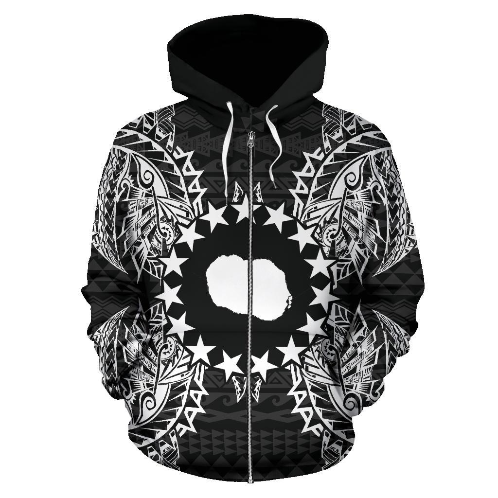 Cook Islands Polynesian All Over Zip up Hoodie Map Black - Polynesian Pride