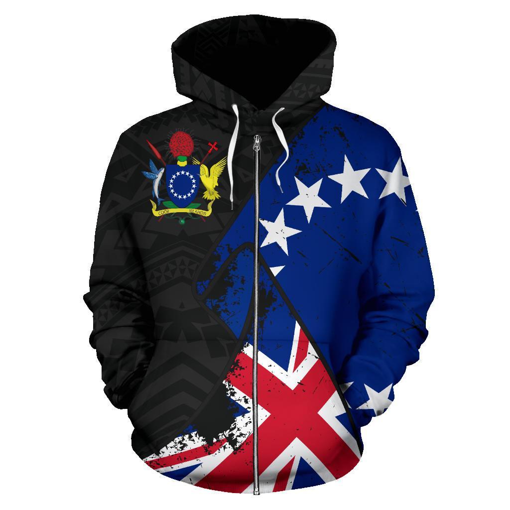 Cook Islands Zip up Hoodie Cook Islands Flag Coat of Arms Grunge Special A02 - Polynesian Pride