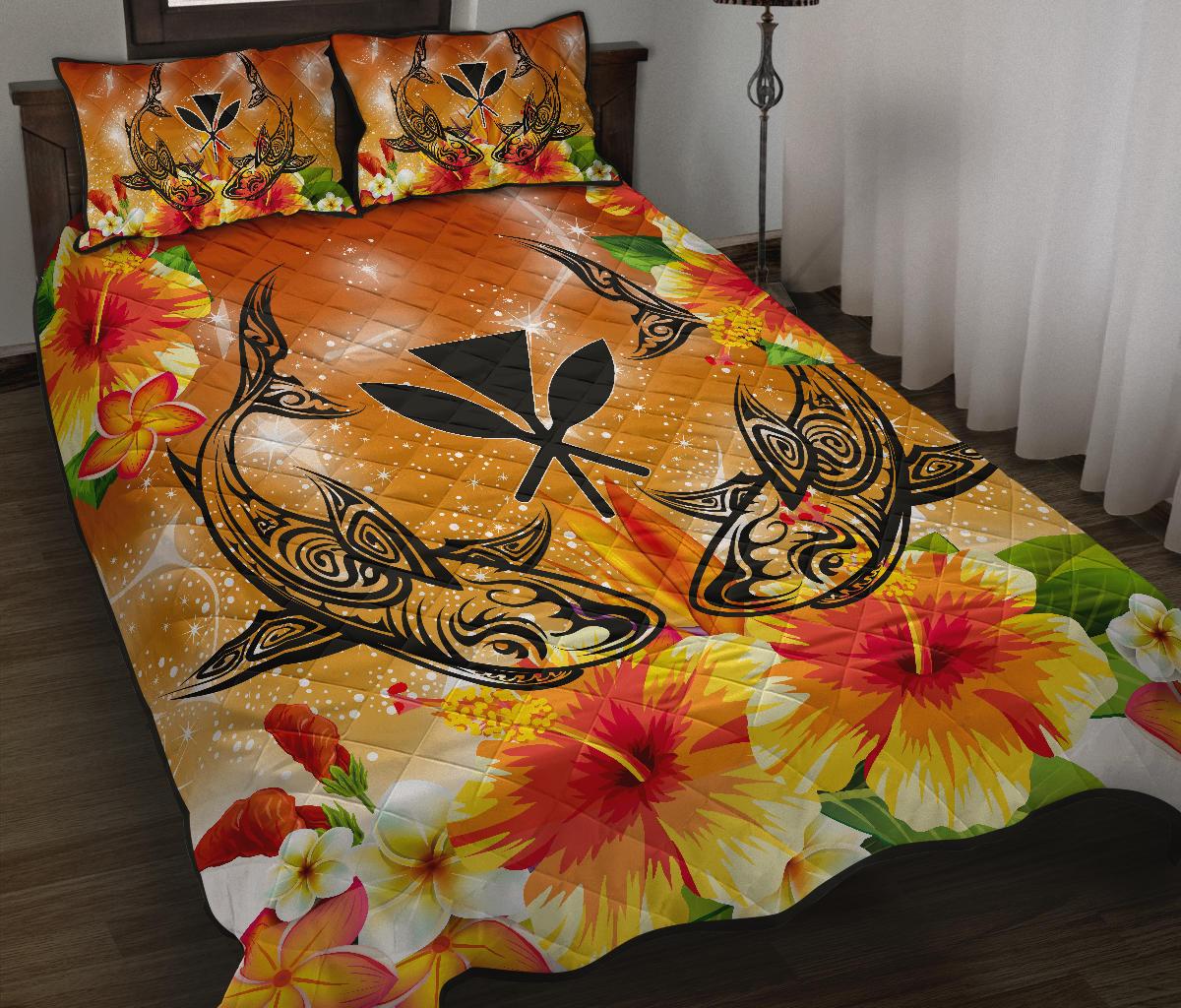 Hawaii Shark Hibiscus Plumeria Kanaka Quilt Bed Set - Star Style - AH - Polynesian Pride