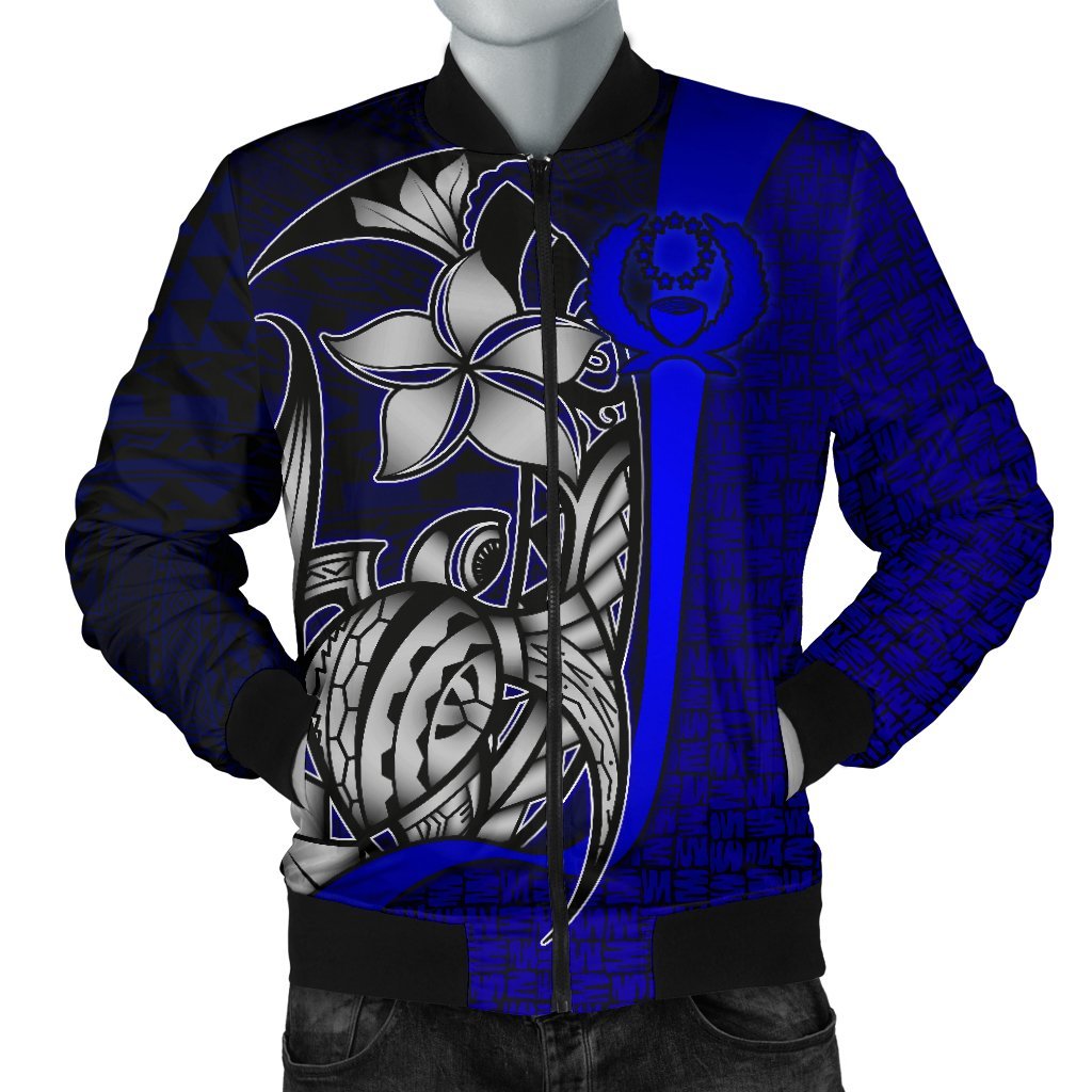 Pohnpei Micronesia Men's Bomber Jackets Blue - Turtle With Hook Blue - Polynesian Pride