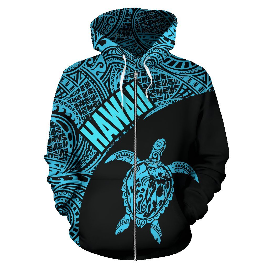 Hawaii Zip up Hoodie Hawaii Turtle Mermaid Polynesian Tattoo Blue Version - Polynesian Pride