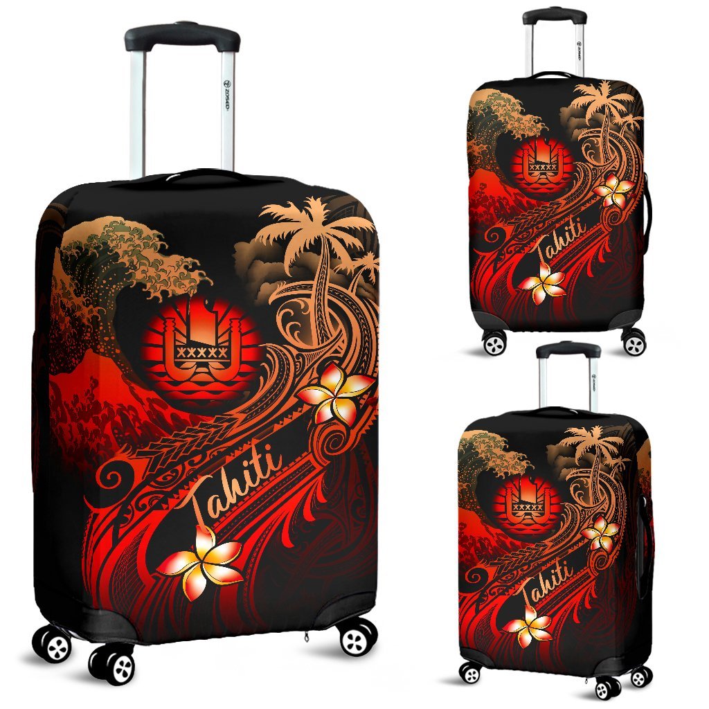Tahiti Polynesian Luggage Covers - Plumeria Flowers And Waves Red - Polynesian Pride