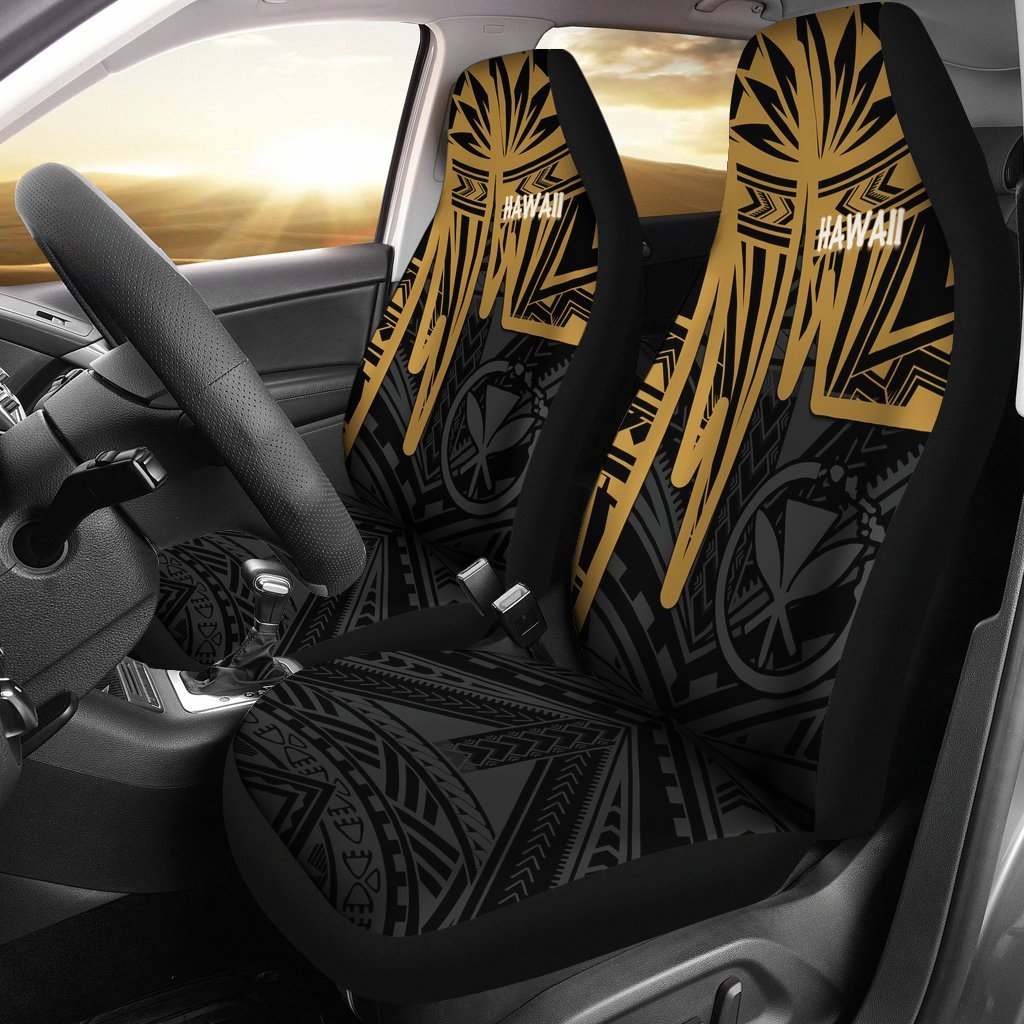 Hawaii Car Seat Covers - Kanaka Maoli With Polynesian Pattern In Heartbeat Style (Gold) Universal Fit Gold - Polynesian Pride