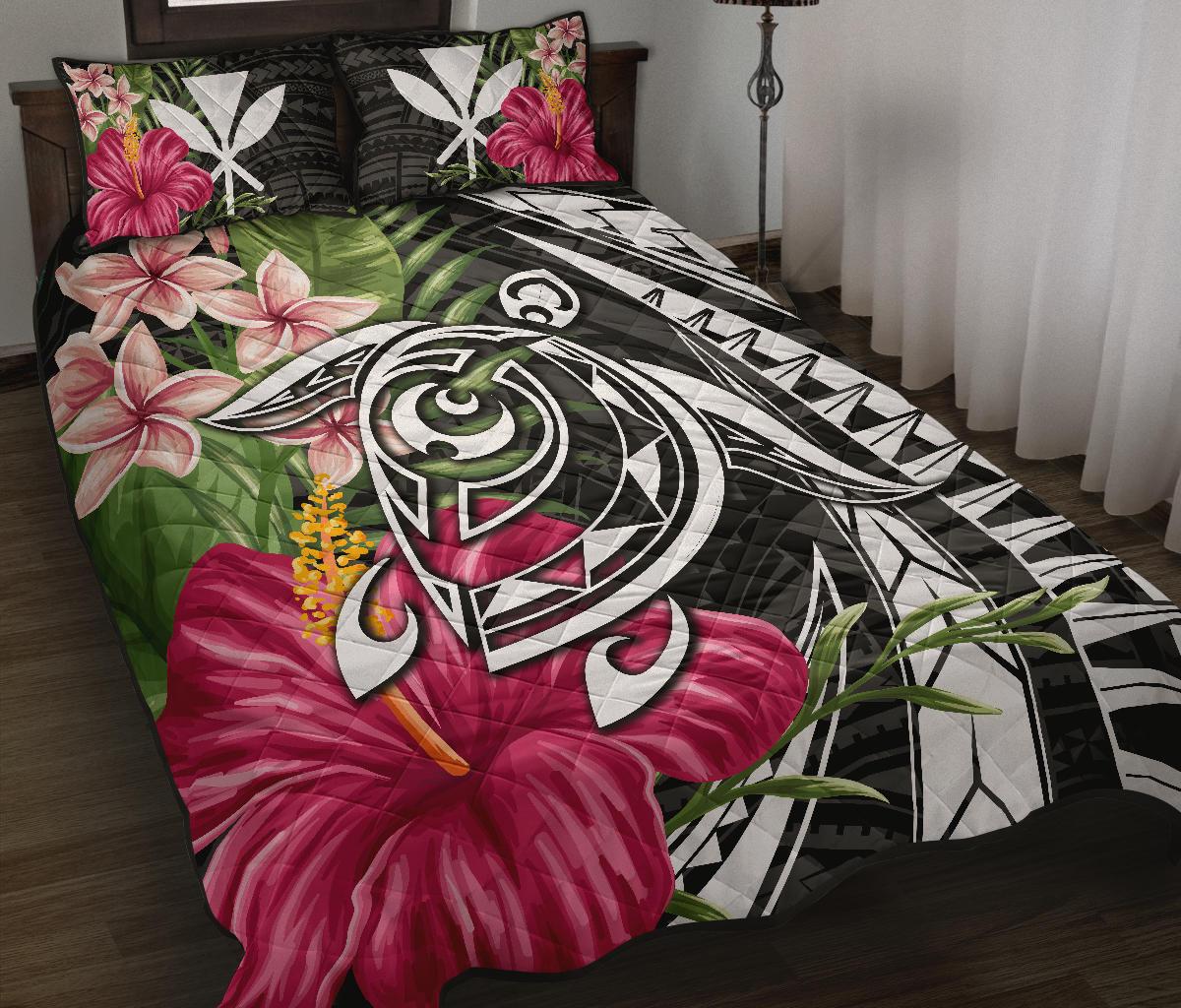 Hawaii Polynesian Turtle Tropical Hibiscus Plumeria Quilt Bed Set - Black - Polynesian Pride