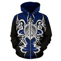 Hawaii Turtle Tribal Blue Zip up Hoodie Armor Style - Polynesian Pride